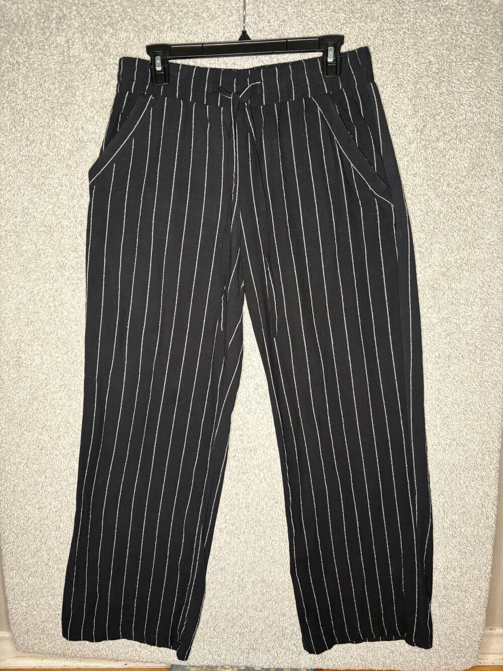 Sienna Sky Black White Pinstripe Cotton Wide Leg Pants LG